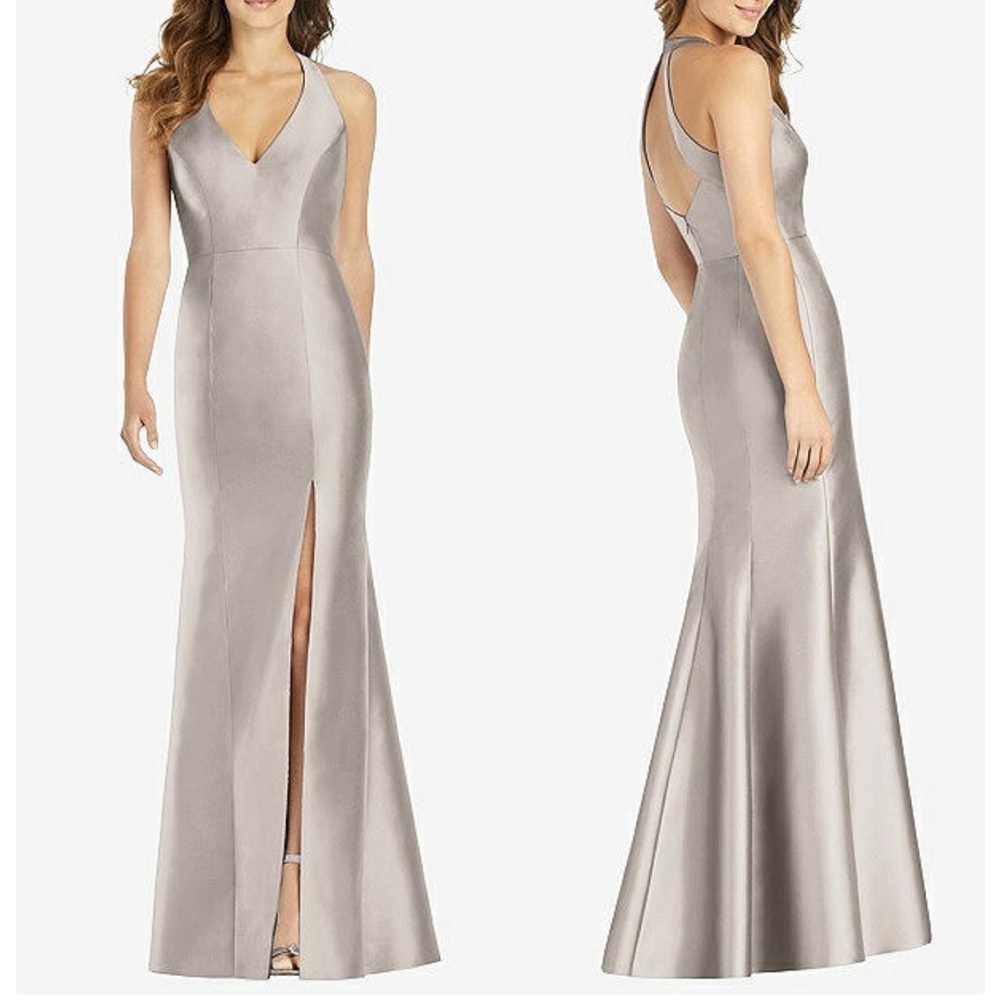 Alfred Sung V-Neck Halter Satin Trumpet Gown in Taupe, size 4